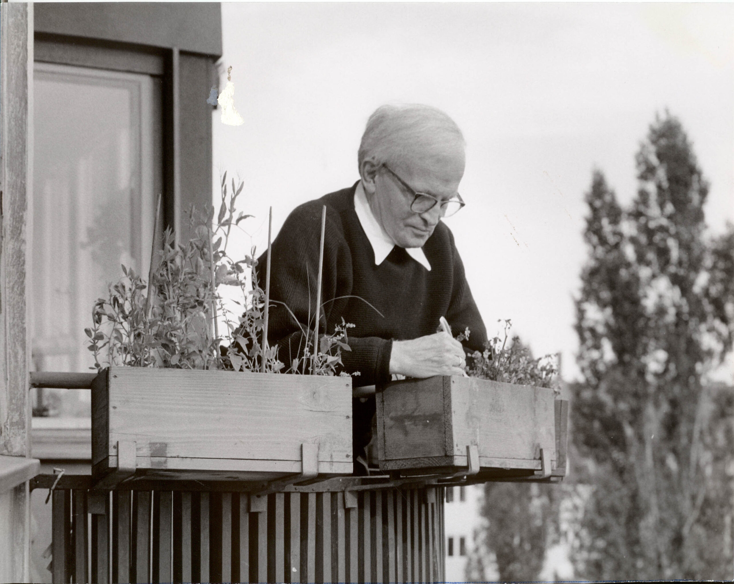 Porträt Georg von der Vring hinter Blumenkästen auf Balkon